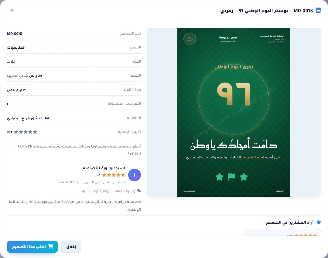 نافذة معاينة التصميم: الصورة وبياناته وملف المصمم وتقييمه وآراء المشترين