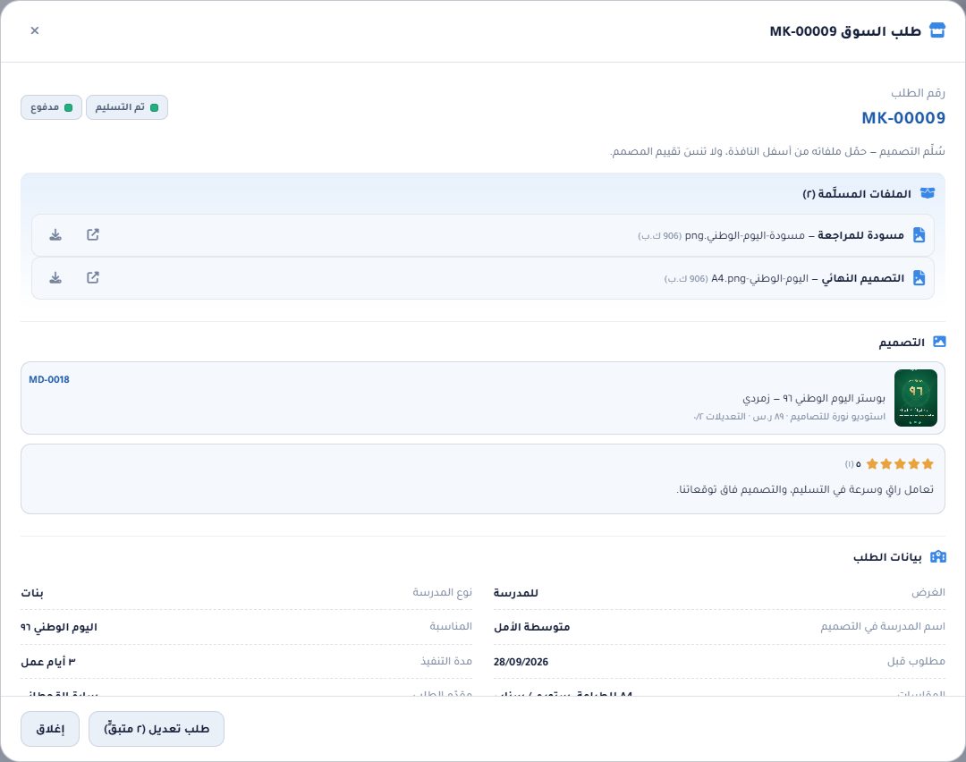 نافذة طلب مسلَّم: الملفات النهائية للتحميل وتقييم المشتري وبيانات الطلب