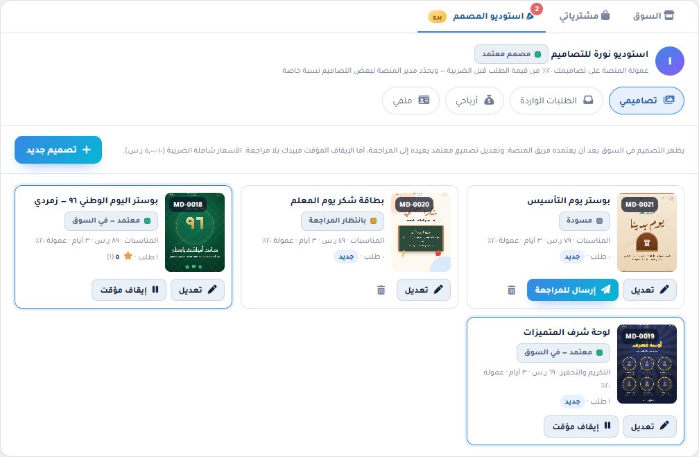 تبويب تصاميمي: بطاقات التصاميم بحالاتها وأزرار التعديل والإرسال والإيقاف