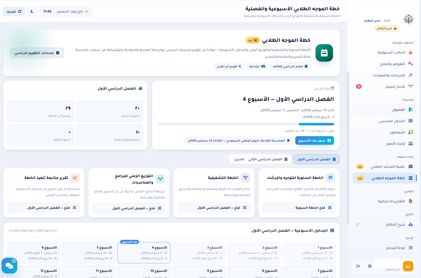 خطة الموجه الطلابي: بطاقة الأسبوع الحالي وملخص الفصل وبطاقات الخطط الأربع وشبكة الجداول الأسبوعية